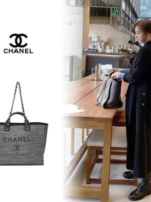 Chanel Large Charcoal Canvas Deauville Tote TOTE