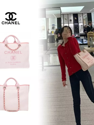 Chanel PINK Pink Canvas Large Deauville Shopping Tote Bag